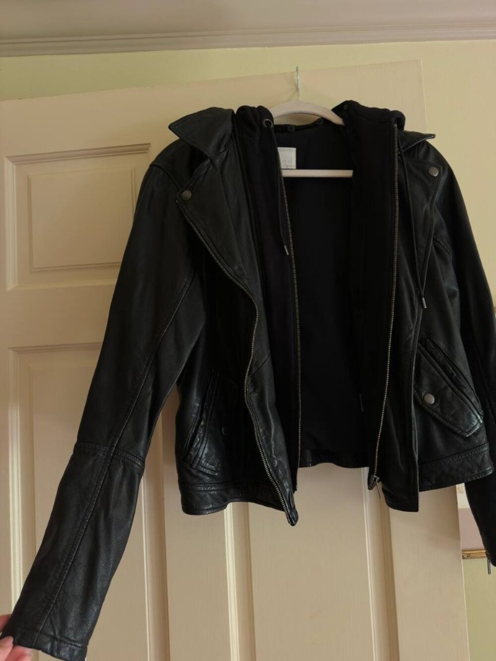 Caslon Black Leather Moto Jacket with Removable Hood